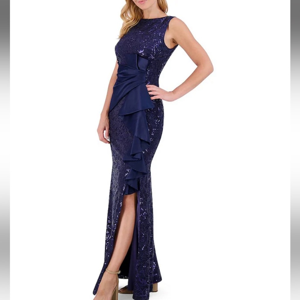 Eliza J. Sequins lace boatneck sleeveless ruffle front slit gown - Picture 4 of 12